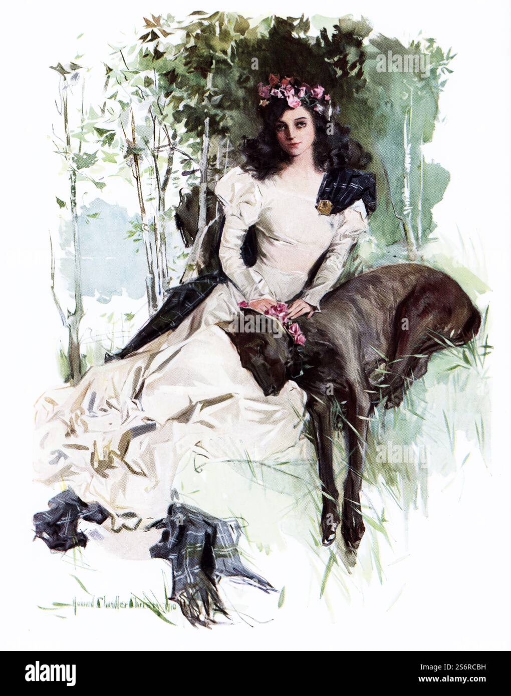 Questa illustrazione tratta da un'edizione del 1910 di The Lady of the Lake di Sir Walter Scott ha la seguente didascalia: "Ellen and Lufra". Lufra è il nome del cane di Lord James Douglas nell'opera del 1810 Lady of the Lake. Nel lavoro, Lufra è descritto come "il levriero più veloce di tutto il Nord". The Lady of the Lake di Sir Walter Scott fu pubblicato da Richard Scott di New York nel 1813. Il poema a sei canti racconta la storia della lotta di re Giacomo V contro James Douglas, e l'affetto di tre pretendenti verso la figlia di James Douglas, Ellen. La narrazione si svolge nell'arco di sei giorni nella regione di Trossachs Foto Stock