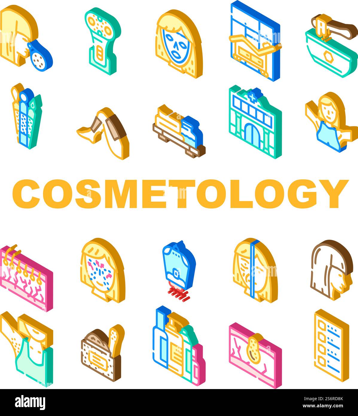 Icone procedura bellezza cosmetologia Imposta vettore. Sollevamento della pelle del viso con maschera facciale per dispositivi elettronici, ascella e gamba di depilazione, trattamento cosmetologico del corpo test allergico segno isometrico illustrazioni a colori. Icone procedura bellezza cosmetologia Imposta vettore Illustrazione Vettoriale