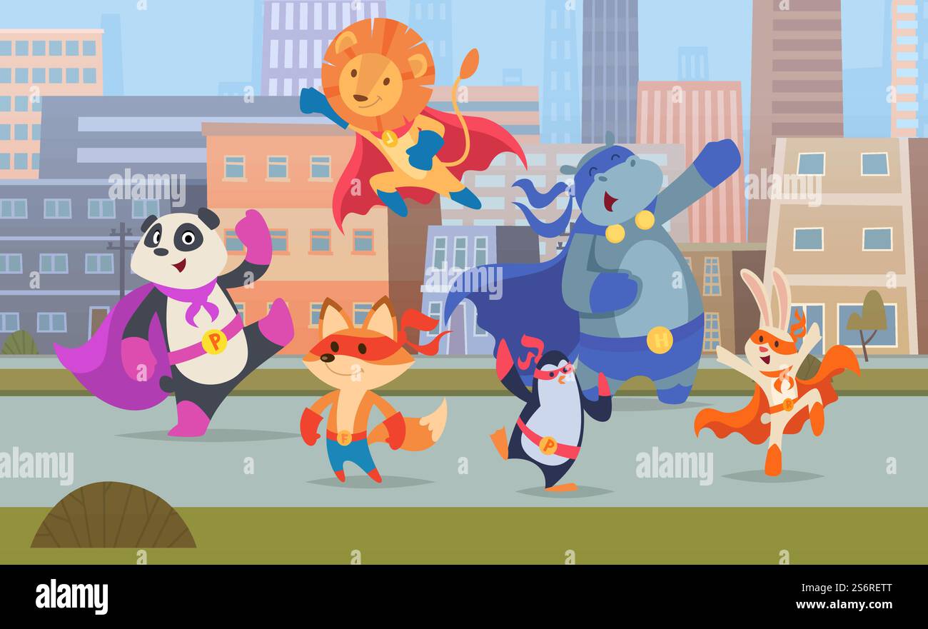 Animali da supereroi della città. Paesaggio urbano con edifici a cielo aperto forti difensori animali vettoriali esatti supereroi gatti cani cuccioli in maschere. Illustrazione supereroe animale, costume da supereroe. Animali da supereroi della città. Paesaggio urbano con edifici a cielo aperto forti difensori animali vettoriali esatti supereroi gatti cani cuccioli in maschere Illustrazione Vettoriale