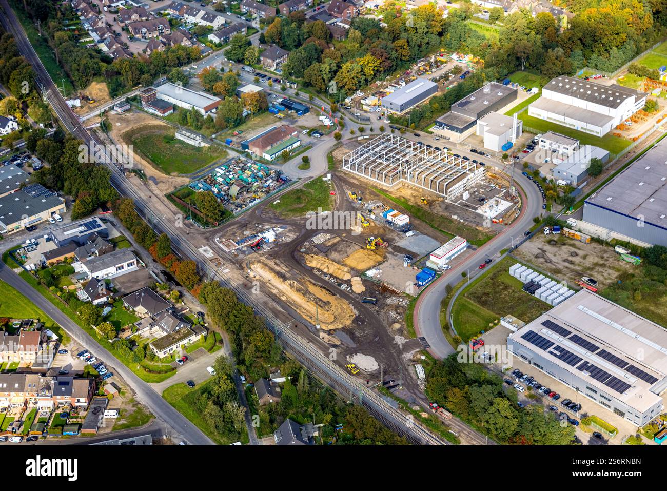 Luftbild, Baustelle mit Neubau am Industriepark, Biomasse Heizkraftwerk Friedrichsfeld, Friedrichsfeld, Voerde, Niederrhein, Nordrhein-Westfalen, Deut Foto Stock