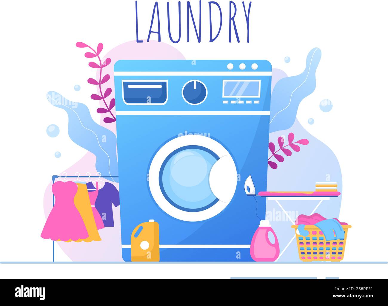 Lavanderia con lavatrici ed asciugatrici in Flat background Illustration. Panno sporco che giace nel cestino e le donne sono vestiti di lavaggio per Banner o Poster Illustrazione Vettoriale