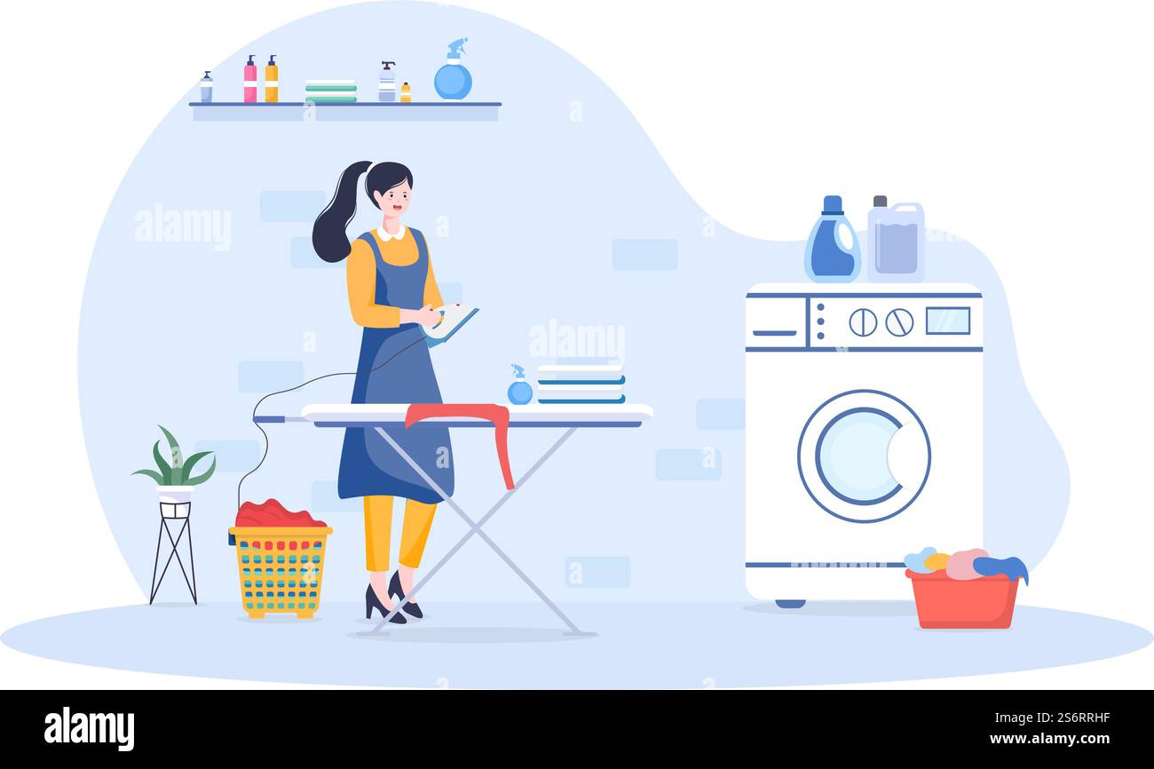 Lavanderia con lavatrici ed asciugatrici in Flat background Illustration. Panno sporco che giace nel cestino e le donne sono vestiti di lavaggio per Banner o Poster Illustrazione Vettoriale