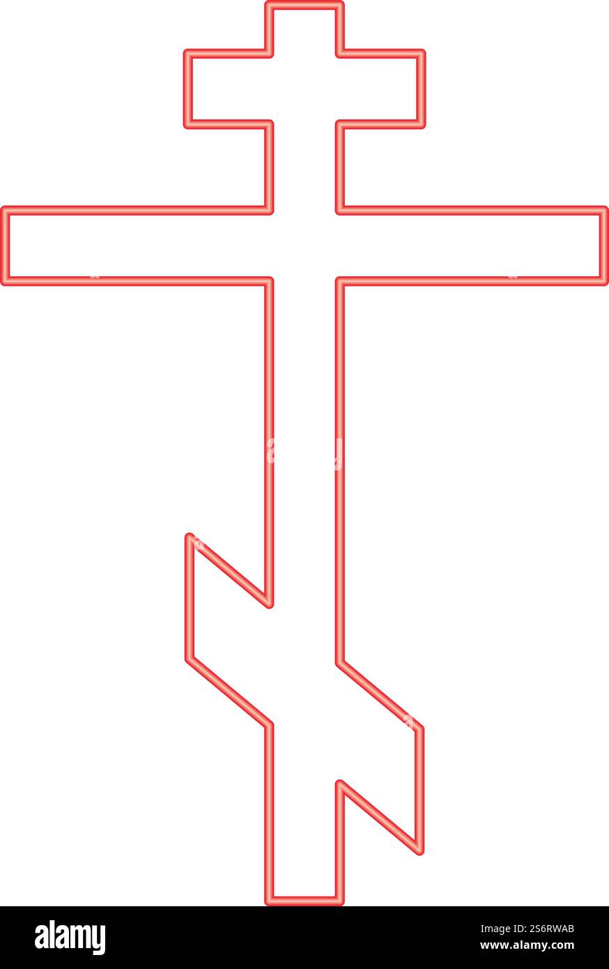Croce al neon otto punte di colore rosso greco-cattolico ortodosso immagine vettoriale luce piatta. Croce al neon otto punte di colore rosso greco-cattolico ortodosso immagine vettoriale stile piatto Illustrazione Vettoriale