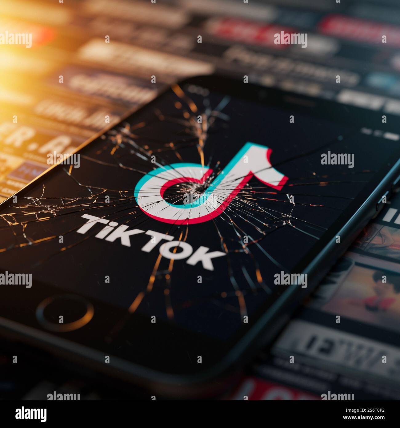 Schermo rotto e app tiktok sul telefono con display danneggiato per social media, guasti, digitali o tecnologia Foto Stock