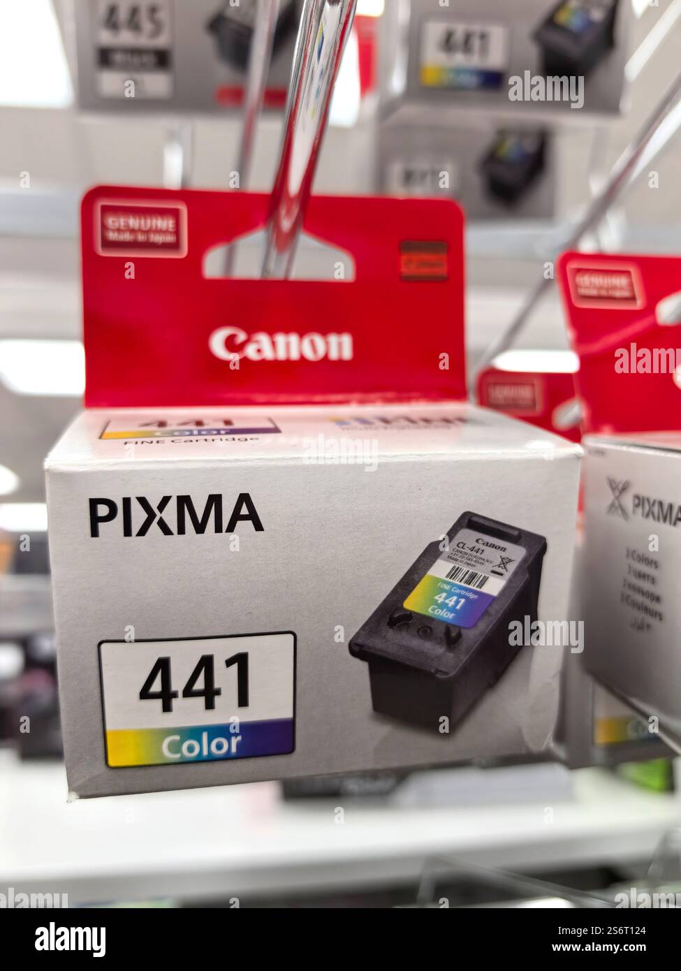 Bobruisk, Bielorussia - 9 gennaio 2025: Gli acquirenti esplorano un corridoio di elettronica ben fornito, mettendo in evidenza una cartuccia d'inchiostro Canon colorata. Foto Stock