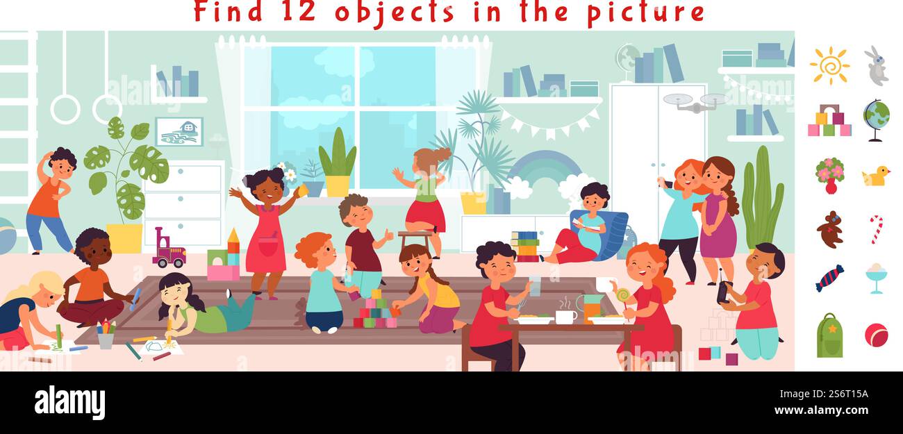 Trova oggetti. Gioco puzzle, teaser visuale per bambini. Istruzione, bambini che giocano insieme a scuola o all'asilo immagine vettoriale decente. Illustrazione grafica gioco indovinello pagina di design per bambini. Trova oggetti. Gioco puzzle, teaser visuale per bambini. Istruzione, bambini che giocano insieme a scuola o all'asilo immagine vettoriale decente Illustrazione Vettoriale