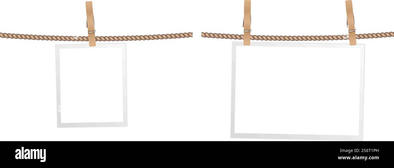 Telai su clip in legno. Cornice fotografica per interni su fune in tessuto. Accessori isolati e realistici in stile scandinavo. Immagine portfolio foto, cornice su fune. Telai su clip in legno. Cornice fotografica per interni su fune in tessuto. Accessori isolati e realistici in stile scandinavo Illustrazione Vettoriale