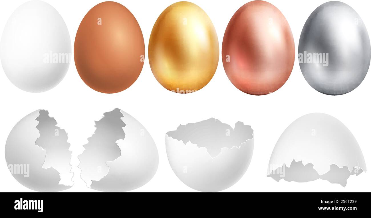 Uova realistiche. Uovo bianco e guscio rotto, elementi di caccia pasquali in bronzo d'argento dorato. Set vettoriale prodotto agricolo. Illustrazione giallo uovo dorato e argento, bronzo. Uova realistiche. Uovo bianco e guscio rotto, elementi di caccia pasquali in bronzo d'argento dorato. Set vettoriale prodotto agricolo Illustrazione Vettoriale