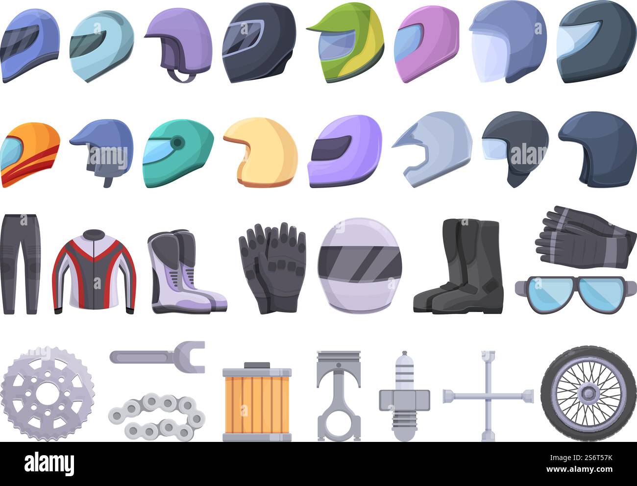 Le icone delle attrezzature per motociclette impostano il vettore dei cartoni animati. Giacca per casco. Copribici. Le icone delle attrezzature per motociclette impostano il vettore dei cartoni animati. Giacca per casco Illustrazione Vettoriale