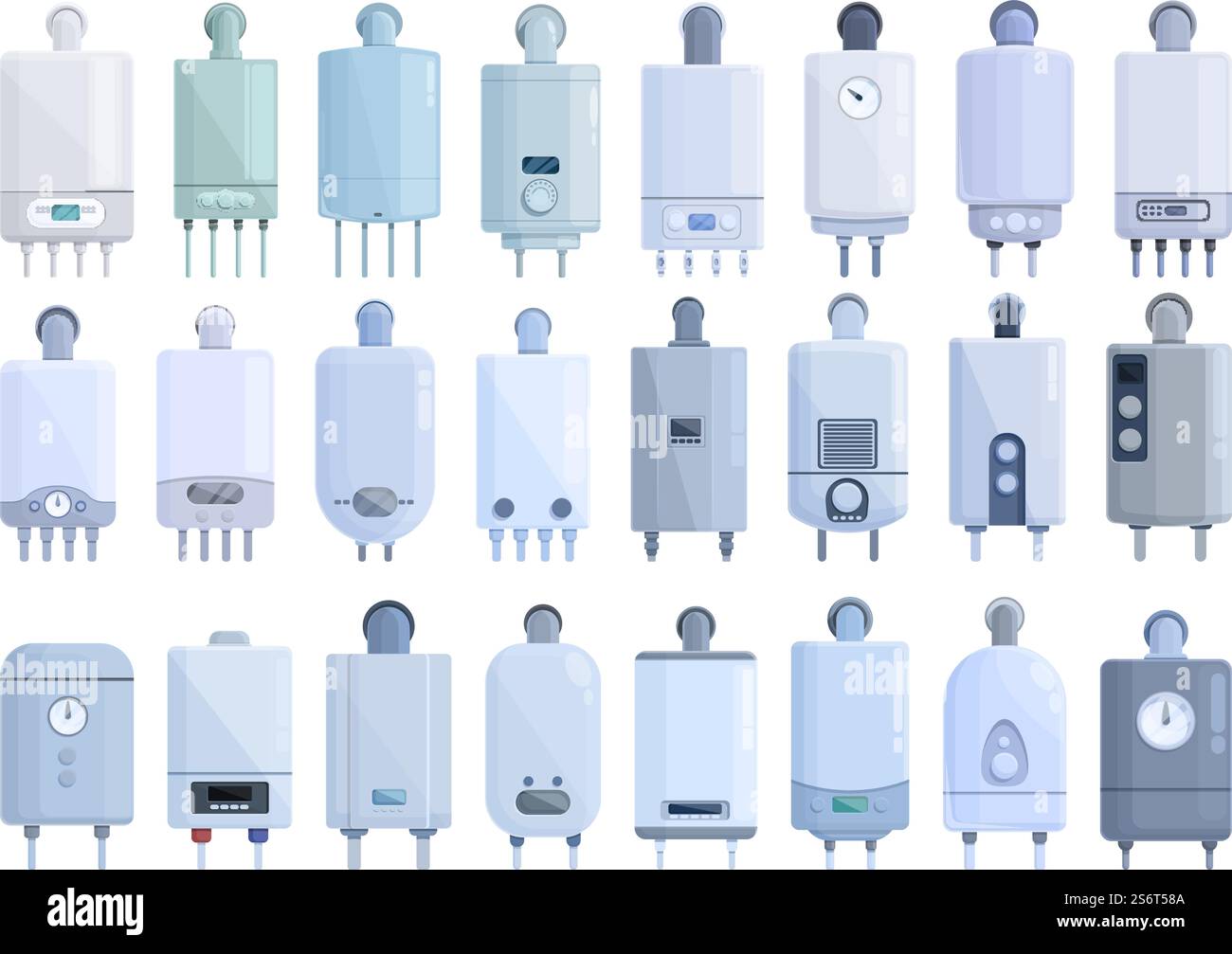 Le icone della caldaia a gas impostano il vettore dei cartoni animati. impianto di riscaldamento/aria condizionata. Vapore all'interno caldo. Le icone della caldaia a gas impostano il vettore dei cartoni animati. impianto di riscaldamento/aria condizionata Illustrazione Vettoriale