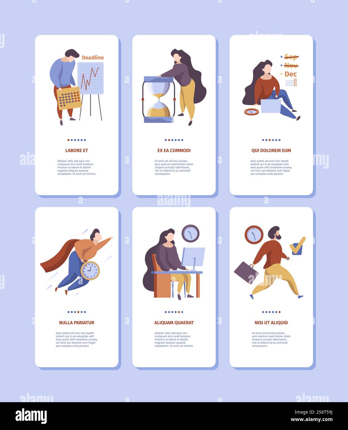 Gestione del tempo integrata. Banner verticali su schermo per smartphone con personale addetto alla pianificazione aziendale che gestisce quotidianamente i modelli vettoriali dei processi. Illustrazione gestione del tempo, strategia di scadenza aziendale. Gestione del tempo integrata. Banner verticali su schermo per smartphone con personale addetto alla pianificazione aziendale che si occupa dell'organizzazione autonoma del controllo quotidiano dei modelli vettoriali di visualizzazione dei lavori Illustrazione Vettoriale