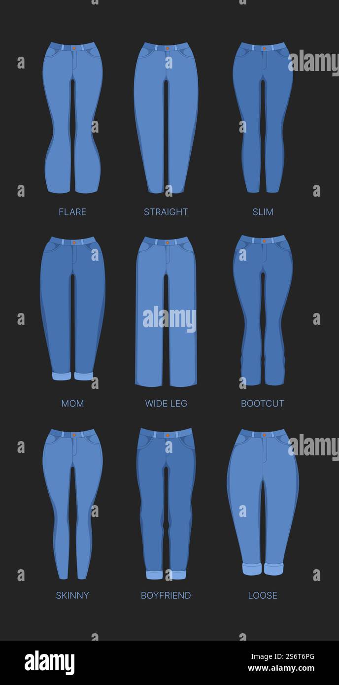 Vestiti da donna in denim. Pantaloni skinny per bambina vari tipi di jeans tessili collezione di illustrazioni vettoriali sgargianti. Look da ragazza in denim e slim, mamma e boodcut. Vestiti da donna in denim. Pantaloni skinny per bambina vari tipi di jeans tessili collezione di illustrazioni vettoriali sgargianti Illustrazione Vettoriale