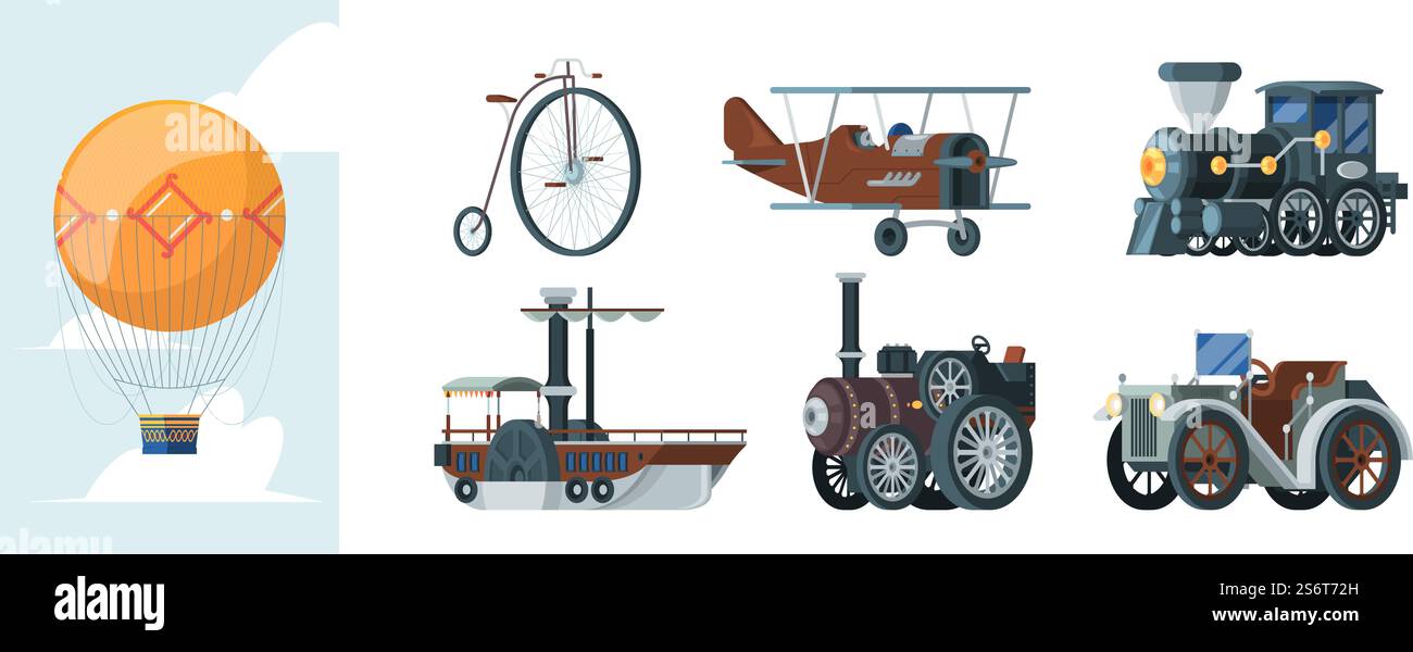 Trasporto rétro. Vecchi veicoli d'epoca in stile piatto automobili camion carrozza aerei spaventose illustrazioni vettoriali dei cartoni animati. Veicolo d'epoca, locomotiva e automobile. Trasporto rétro. Vecchi veicoli d'epoca in stile piatto automobili camion carrozza aerei spaventose illustrazioni vettoriali dei cartoni animati Illustrazione Vettoriale