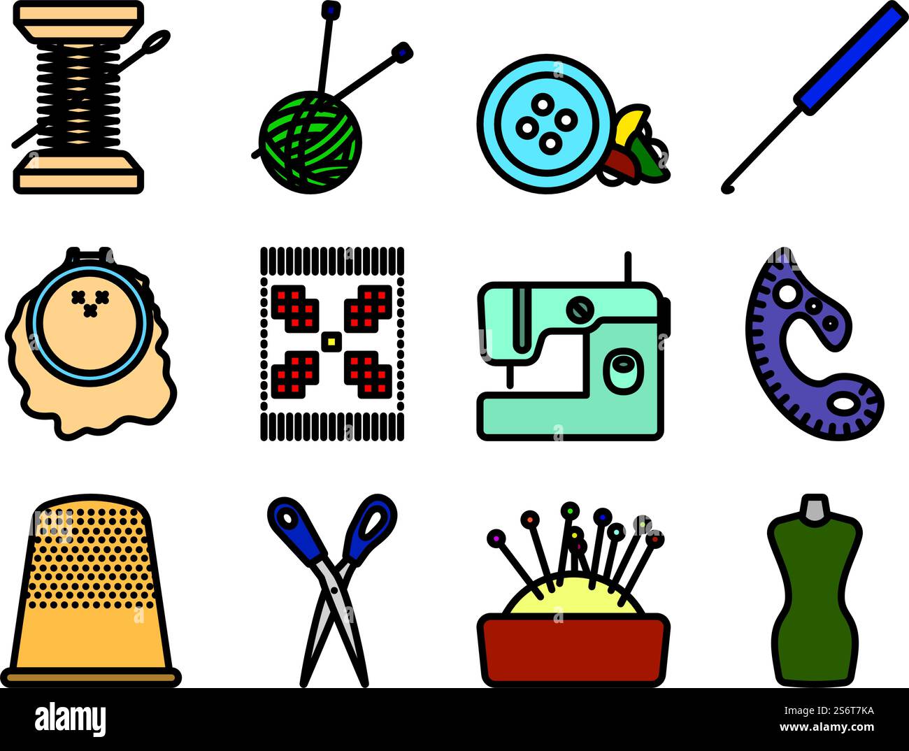 Set di icone per cucire. Contorno grassetto modificabile con disegno di riempimento a colori. Illustrazione vettoriale. Illustrazione Vettoriale