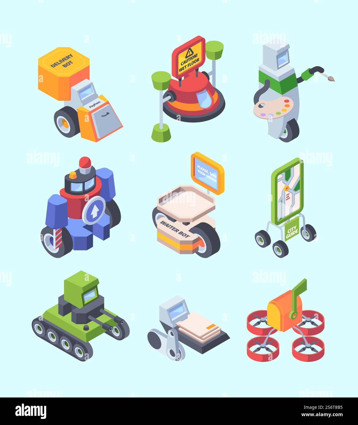 Robot professionali. Bot helpers per persone professioni intelligenti insegnante cuoco artista sistemi di supporto medico garish vettoriale isometrico set. Illustrazione robot intelligenza per esercito, artista di droni e cameriere. Robot professionali. Robot aiutanti per persone androidi intelligenti professioni insegnante cuoco artista sistemi di supporto medico garish vettoriale isometrico set Illustrazione Vettoriale