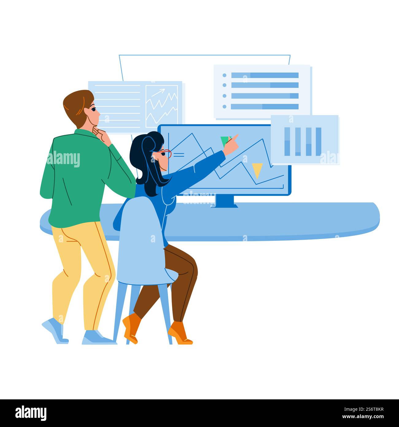 grafico di ricerca degli analisti di dati. tecnologia aziendale finanziaria. grafico del mercato. illustrazione di un fumetto piatto del personaggio dell'analisi delle informazioni. vettore dell'analista dei dati Illustrazione Vettoriale