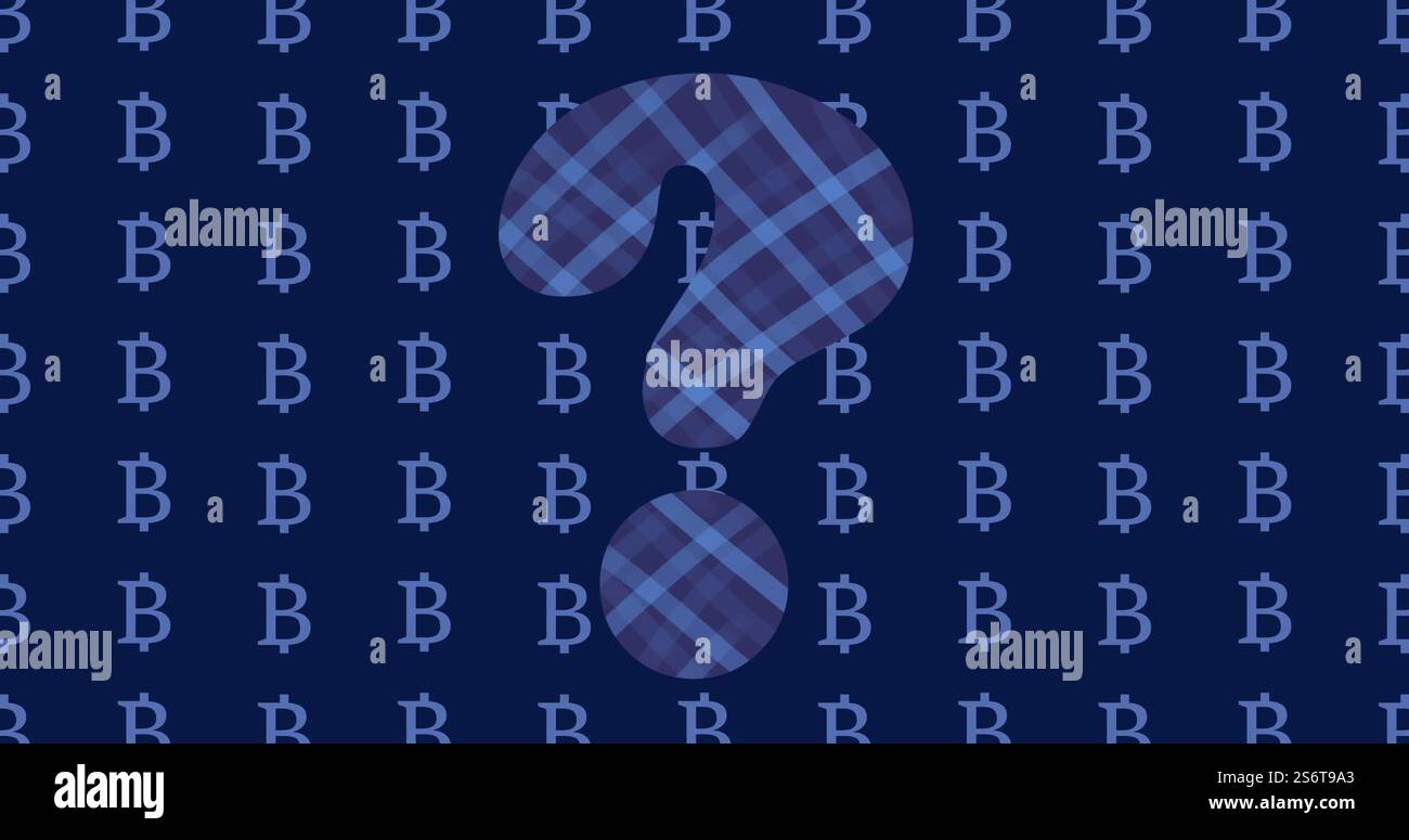 Punto interrogativo con motivo a plaid su simboli Bitcoin ripetuti su sfondo scuro Foto Stock