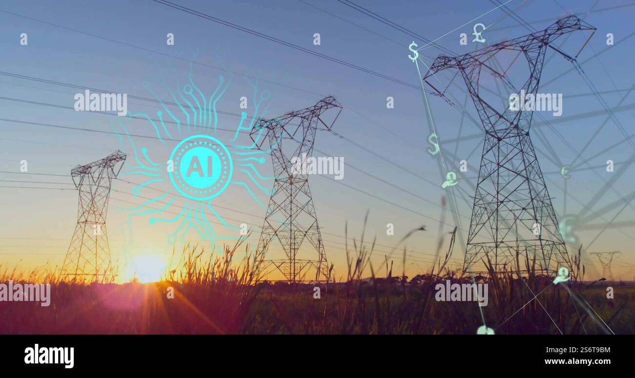 Rete di INTELLIGENZA ARTIFICIALE e simboli finanziari sulle linee elettriche al tramonto Foto Stock