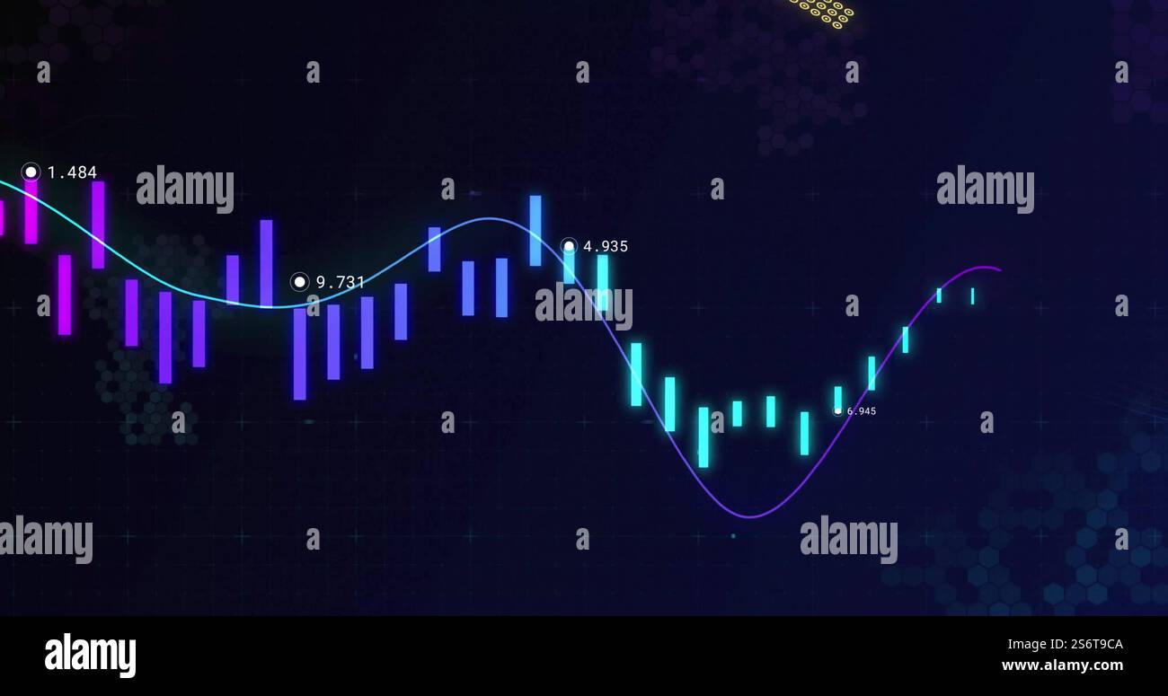 Immagine dei dati finanziari e dell'analisi del mercato azionario con grafici e grafici brillanti Foto Stock