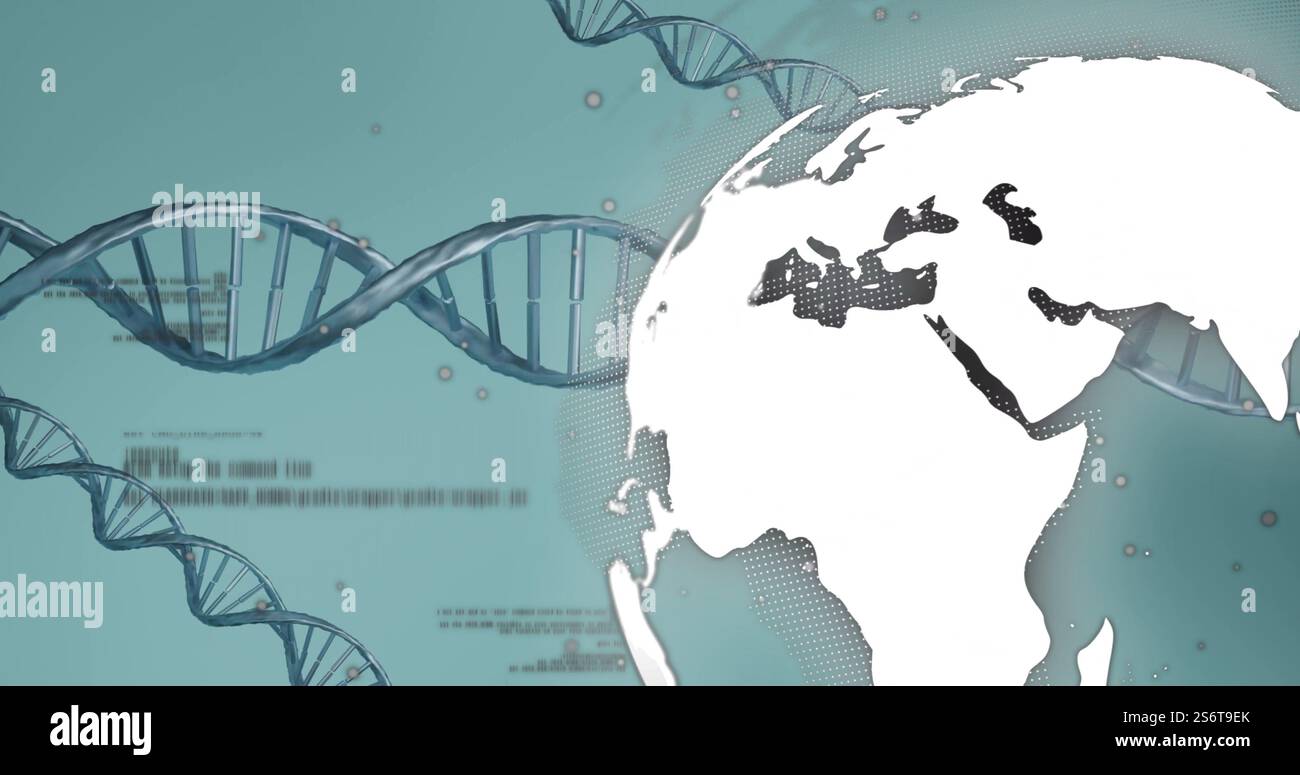 Immagine di filamenti di dna e globo su sfondo grigio Foto Stock