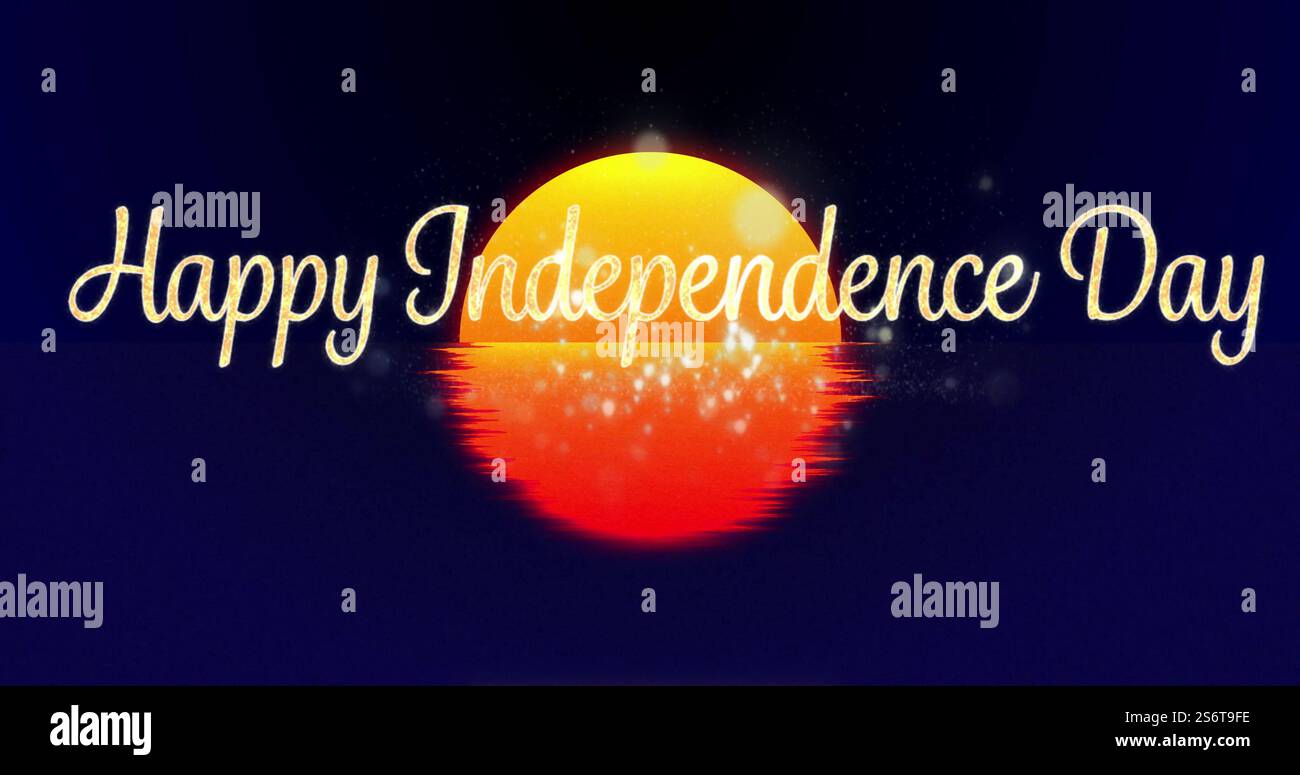 Immagine testuale del giorno dell'indipendenza davanti a un tramonto luminoso con luci scintillanti Foto Stock