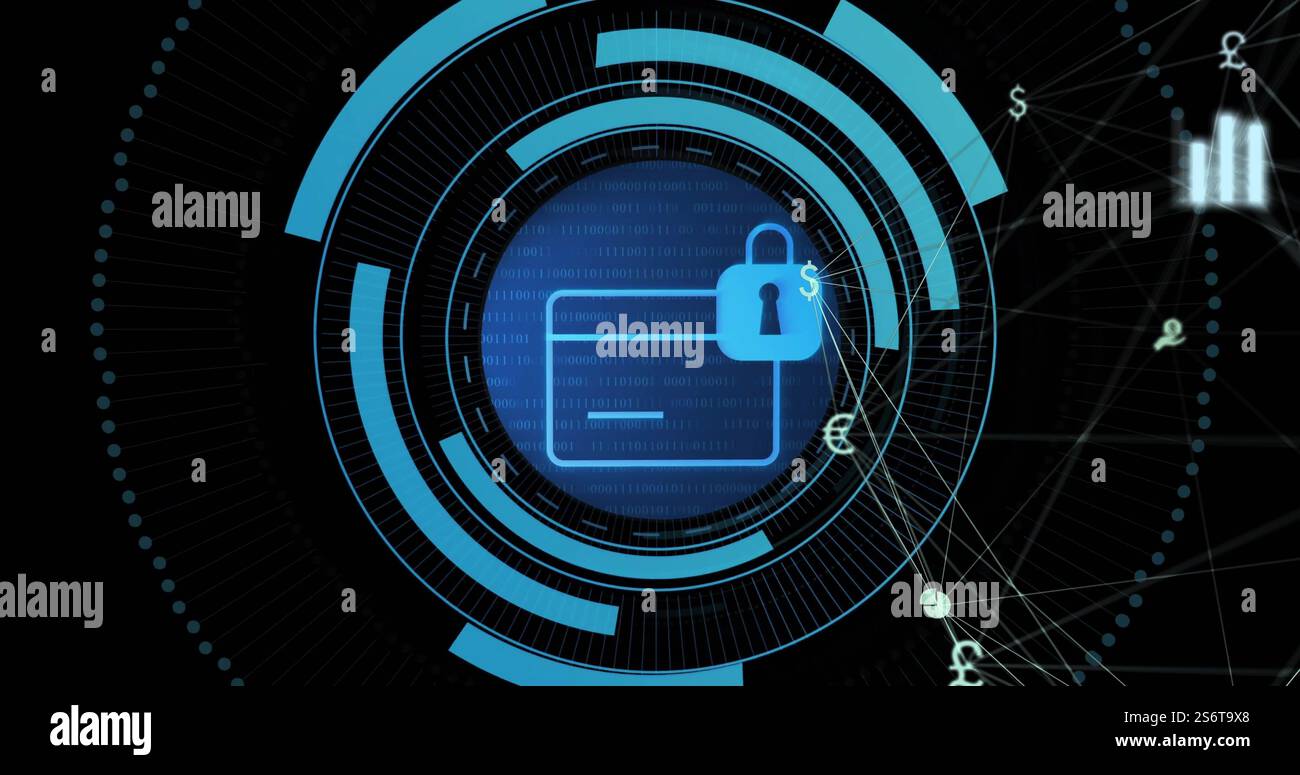 Immagine della rete di connessioni con icone sulla carta di credito Foto Stock