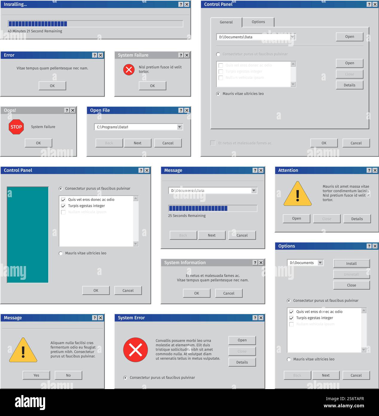Finestre di computer d'epoca. Interfaccia desktop riquadri utente finestre a comparsa Internet explorer finestre vuote modelli vettoriali visualizzati impostati. Illustrazione del vecchio telaio di sistema, messaggio di interfaccia della scatola. Finestre di computer d'epoca. Interfaccia desktop riquadri utente finestre a comparsa Internet explorer finestre vuote modelli vettoriali visualizzati impostati Illustrazione Vettoriale