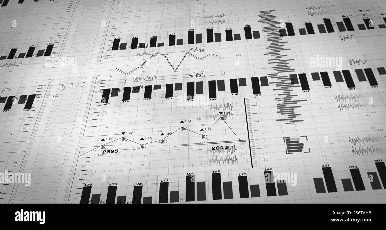 Immagine dell'elaborazione dei dati finanziari su sfondo bianco Foto Stock