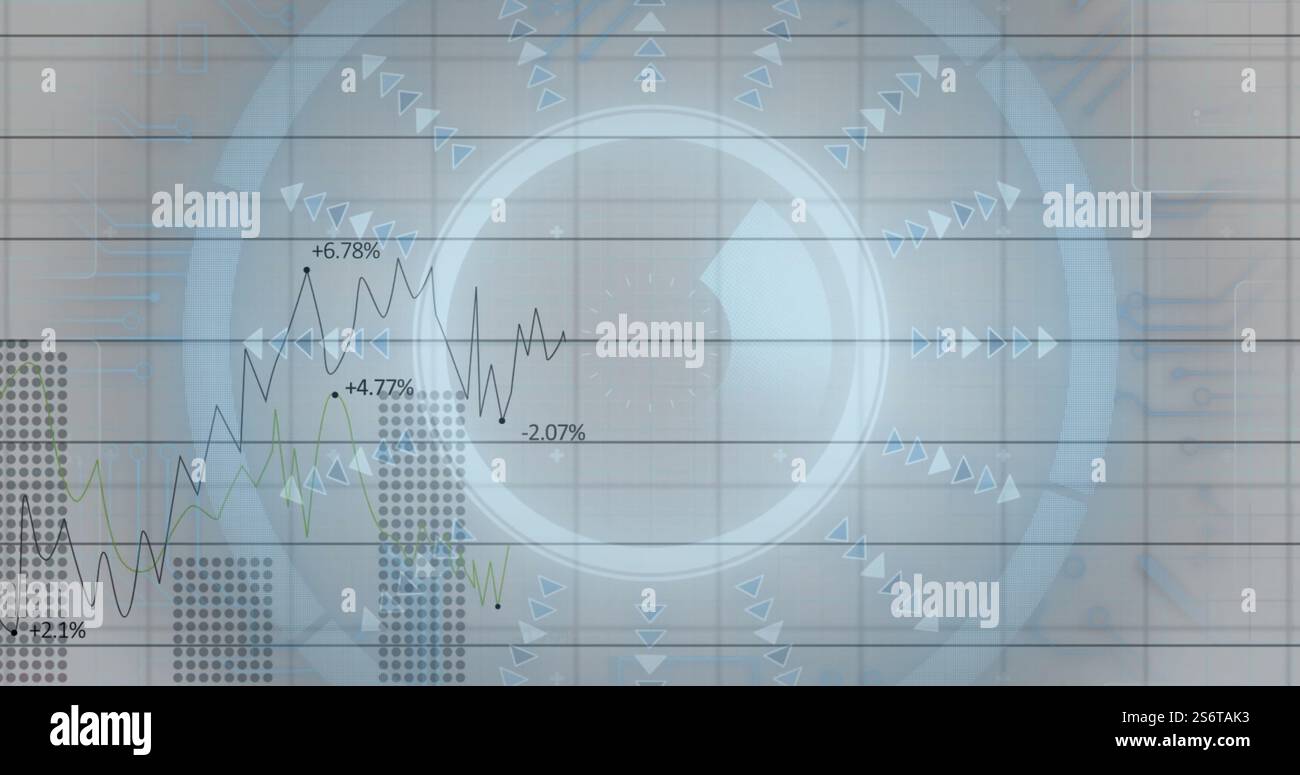 Dati finanziari e immagini analitiche con grafici e frecce sullo sfondo della griglia Foto Stock