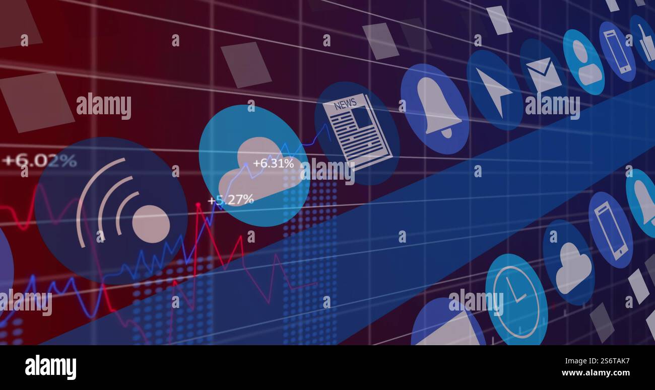 Icone e grafici digitali sulla visualizzazione dei dati finanziari Foto Stock