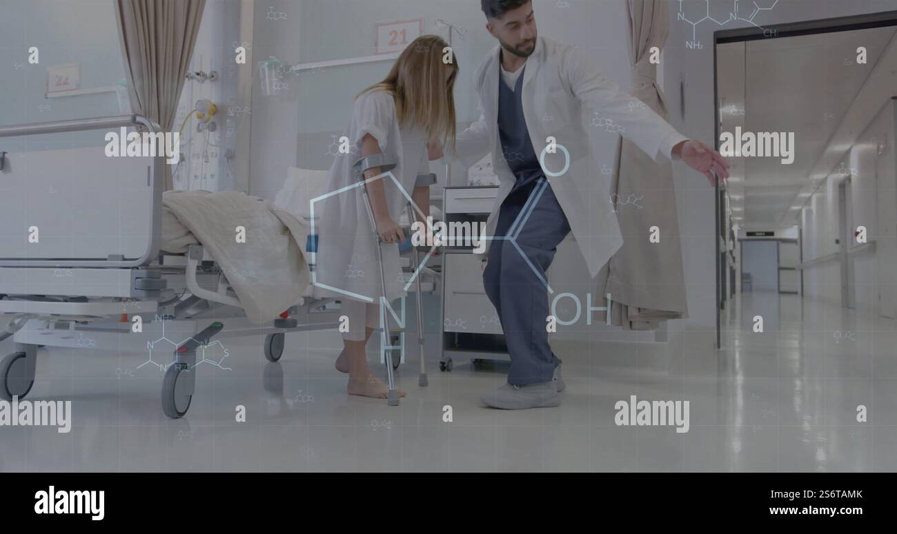 Immagine della formula chimica su diversi medici maschi e pazienti bambini Foto Stock