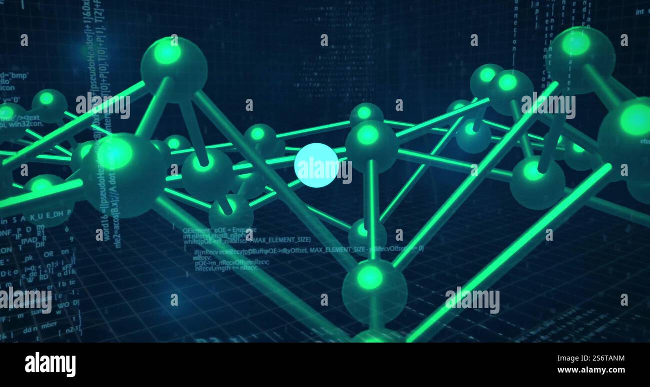Immagine circolare dell'interfaccia digitale su connessioni di rete verdi e codice binario Foto Stock