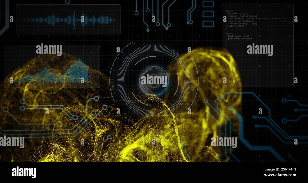Elaborazione dei dati digitali e immagine di analisi su particelle gialle astratte Foto Stock