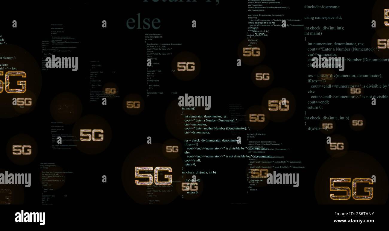 Immagine di testo 5G su codice di programmazione su sfondo nero Foto Stock