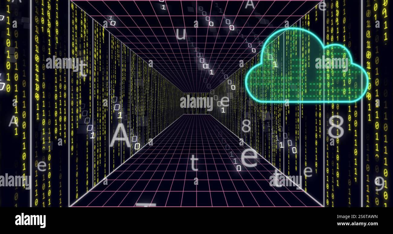 Immagine del cloud computing tramite flusso di dati digitali in un tunnel futuristico Foto Stock