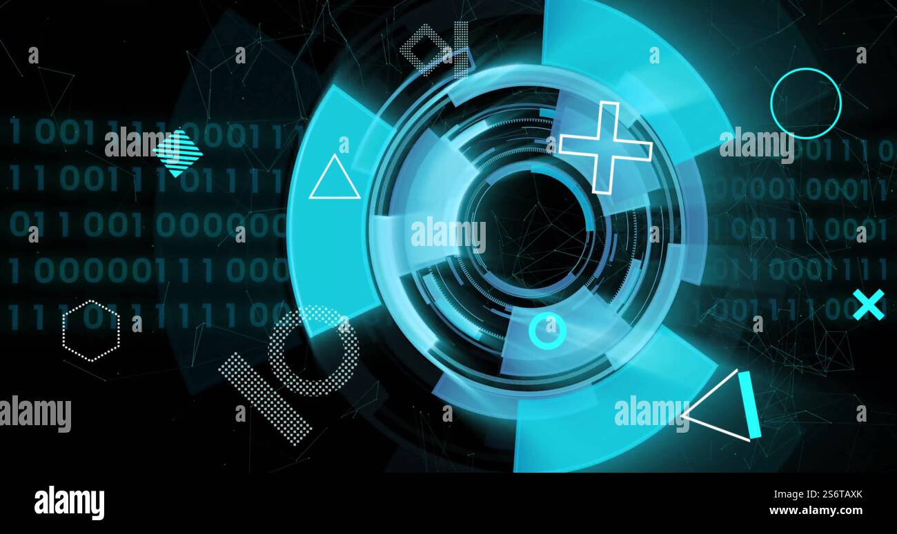 Interfaccia digitale futuristica con cerchi blu rotanti e immagine di codice binario Foto Stock