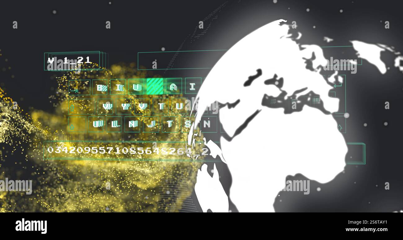 Immagine di elaborazione dati digitale su globo e codice binario Foto Stock