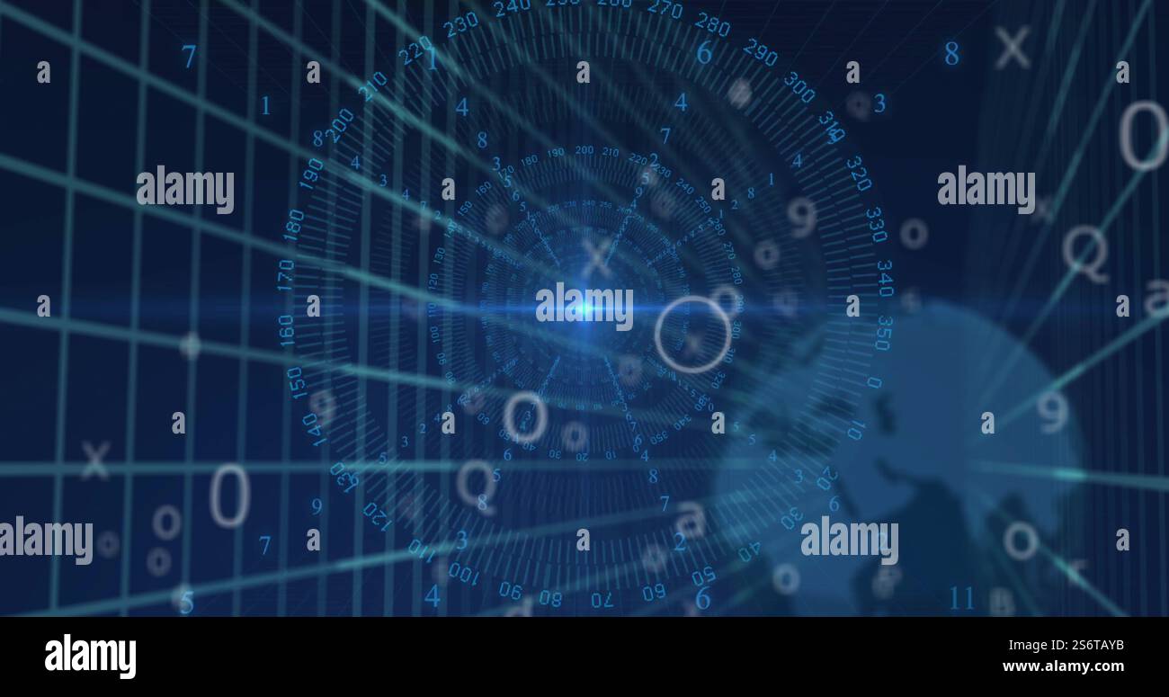 Le icone dei dati digitali e della tecnologia vengono visualizzate su sfondo blu con numeri Foto Stock