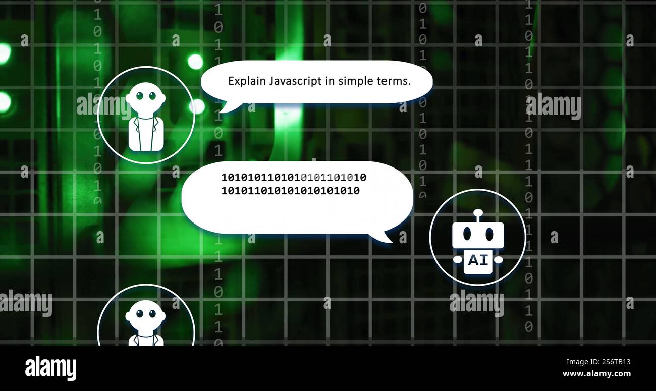 Codice binario e robot ai con bolle vocali, immagine del linguaggio di programmazione Foto Stock