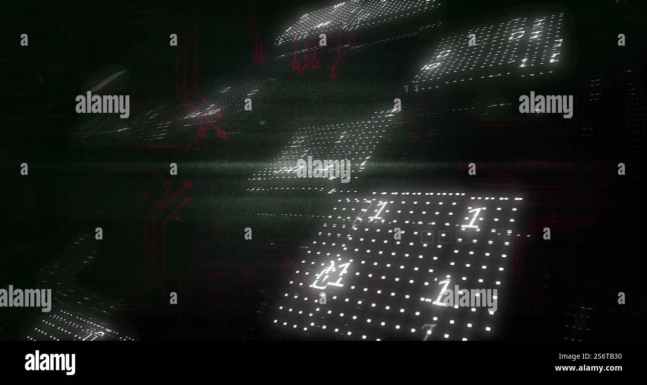 Codice binario e immagine del circuito stampato su sfondo scuro Foto Stock