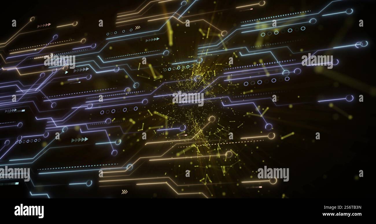 Immagine della scheda a circuiti stampati del computer sulla rete dei collegamenti su sfondo nero Foto Stock