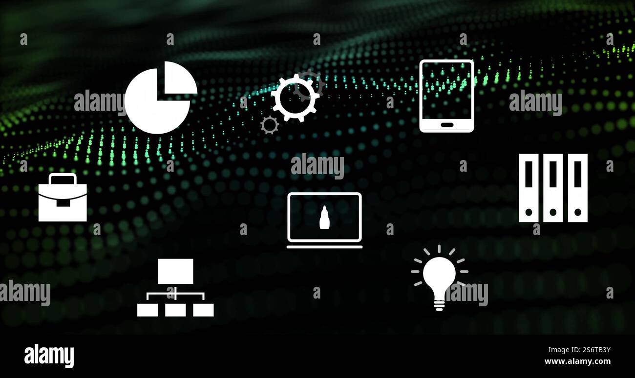 Le icone della tecnologia vengono visualizzate su sfondo digitale punteggiato verde e nero Foto Stock