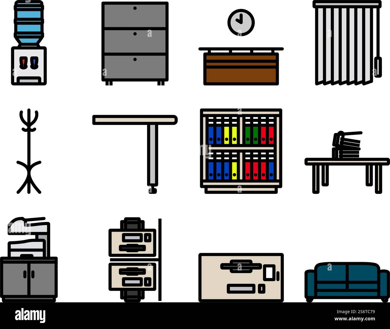 Set di icone Office. Contorno grassetto modificabile con disegno riempimento colore. Illustrazione vettoriale. Illustrazione Vettoriale