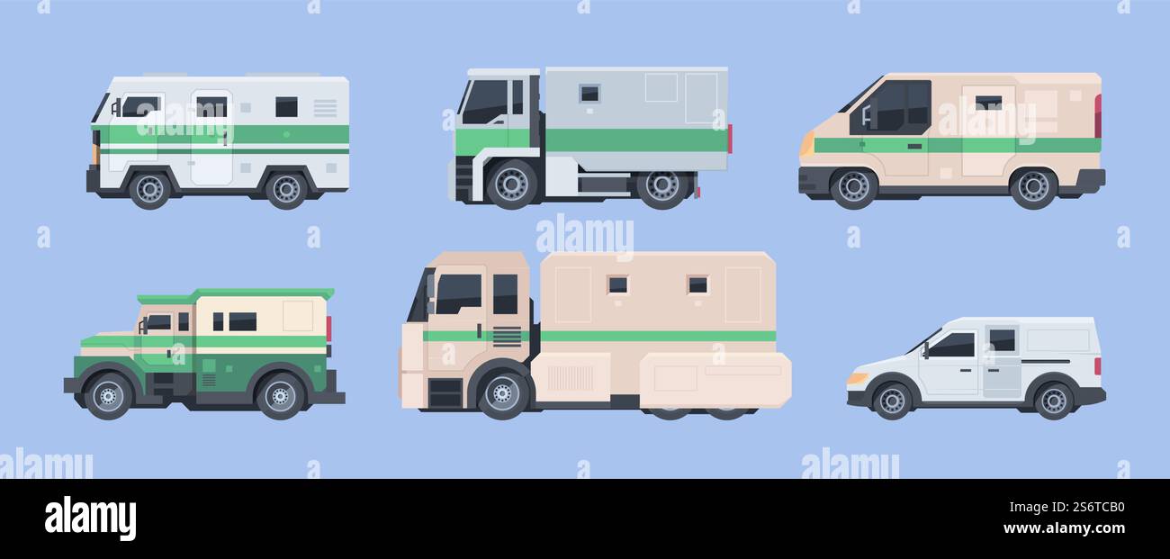 Macchine della banca della polizia. Servizi finanziari di sicurezza veicoli da collezione veicoli blindati in acciaio pesante illustrazioni di cartoni animati vettoriali. Protezione da collezionisti della polizia, trasporto di armature e guardie. Macchine della banca della polizia. Servizi finanziari di sicurezza veicoli da collezione veicoli blindati in acciaio pesante illustrazioni di cartoni animati vettoriali Illustrazione Vettoriale