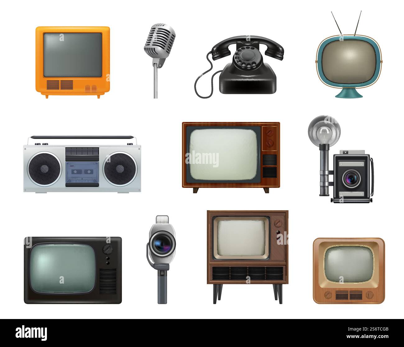 Tecniche di vecchio stile. oggetti per la casa retrò anni '80 articoli fissi tv macchine per scrivere telefono discreto vettoriale set di immagini realistiche. Vecchia tv e radio, illustrazione elettronica degli anni '80. Tecniche di vecchio stile. oggetti per la casa retrò anni '80 articoli fissi tv macchine per scrivere telefono discreto vettoriale set di immagini realistiche Illustrazione Vettoriale