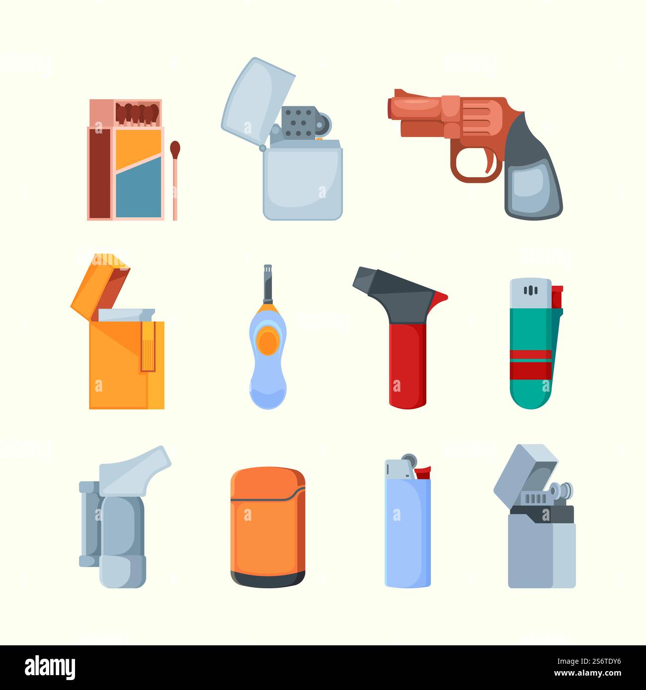 Accendisigari in metallo. Fiamma da accendisigari per sigarette collezione di immagini piatte colorate vettoriali. Accendifuoco con carburante a gas, illustrazione con illuminazione infiammabile. Accendisigari in metallo. Fiamma da accendisigari per sigarette collezione di immagini piatte colorate vettoriali Illustrazione Vettoriale