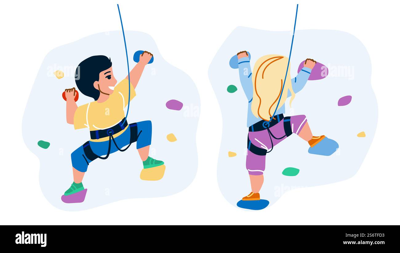 Bambini e bambine che arrampicano insieme Vector. Parete di arrampicata per scolaresche e scolaresche nelle attrazioni del centro sportivo. Personaggi scolari attività sportiva illustrazione di un fumetto piatto. Bambini e bambine che arrampicano insieme Vector Illustrazione Vettoriale