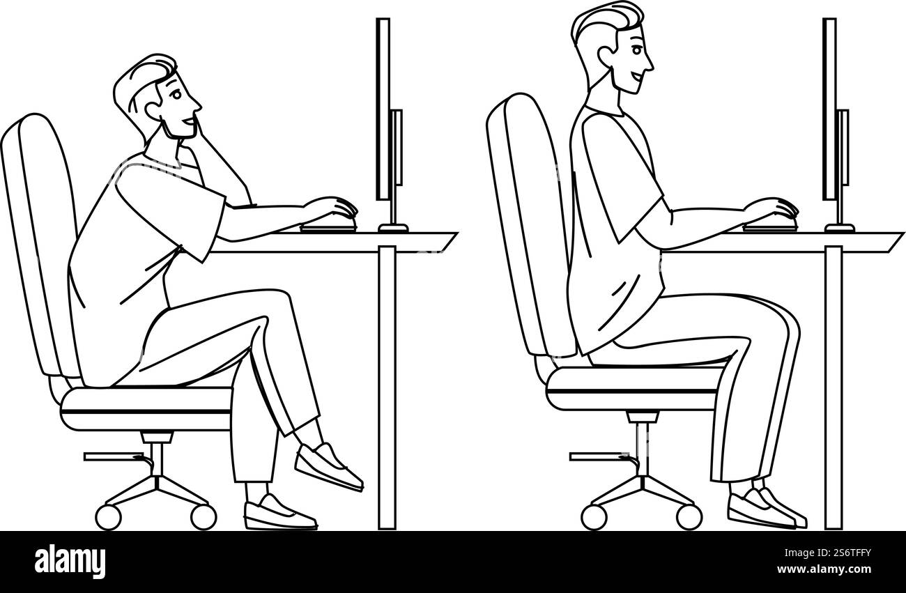 In postura ergonomica Sit Man at computer Black Line Pencil Drawing Vector. Lavoratore seduto in postura ergonomica sul posto di lavoro con schermo. Carattere in posa corretta nell'illustrazione Workspace. In postura ergonomica SIT Man at computer Vector Illustrazione Vettoriale