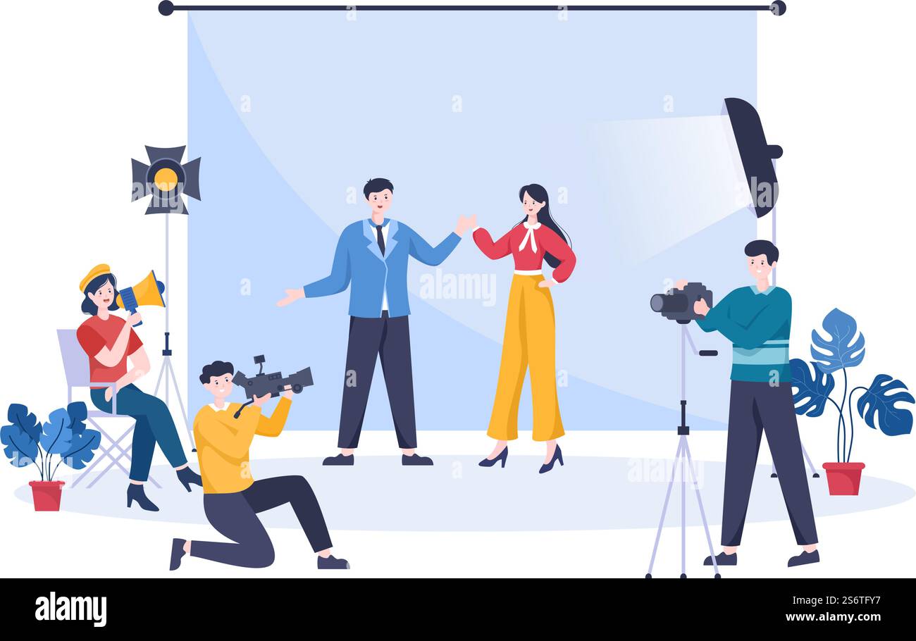 Studio cinematografico con cameraman Team People, Directur, luci, microfono sulla scena posizione di ripresa per la realizzazione di film con illustrazione di sfondo dal design piatto Illustrazione Vettoriale