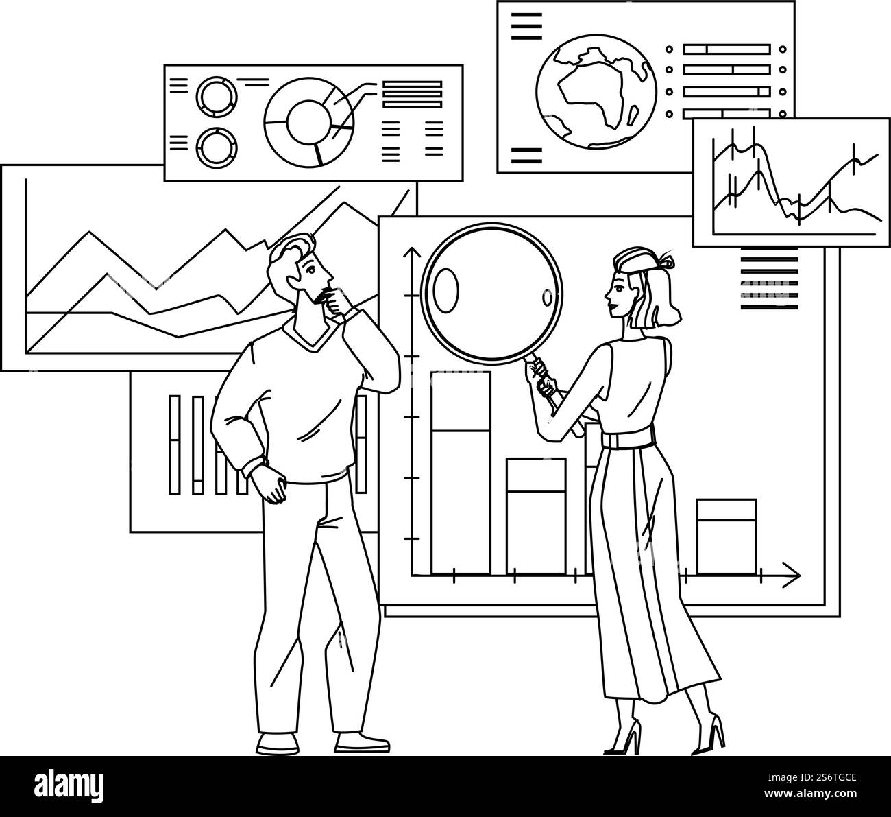 Manager uomo e donna Data Monitoring Black Line Pencil Drawing Vector. Boy and Girl Workers Internet o Financial Data Monitoring Together. Personaggi che ricercano il grafico finanziario e l'infografica. Uomo e donna Manager Data Monitoring Vector Illustrazione Vettoriale